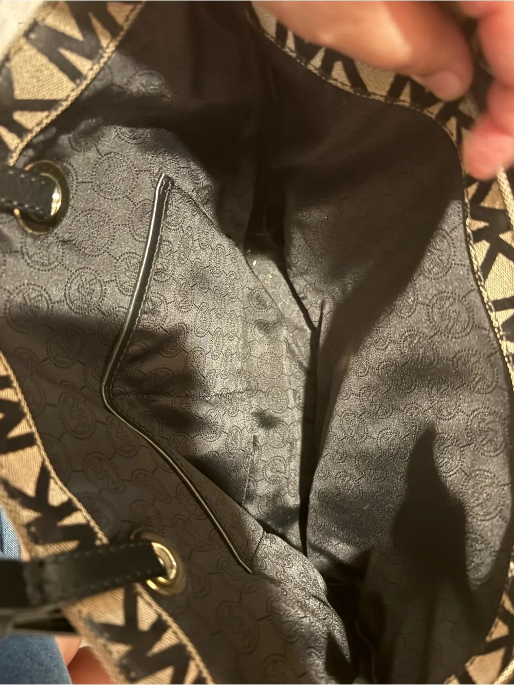 Michael Kors Tan and Black MK Logo Tote with Black Handles